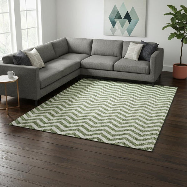 HomeRoots 10' X 14' Green And Ivory Chevron Washable Area Rug - Durable, UV-Protected, Perfect for Homes! 673297