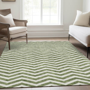 HomeRoots 10' X 14' Green And Ivory Chevron Washable Area Rug - Durable, UV-Protected, Perfect for Homes! 673297