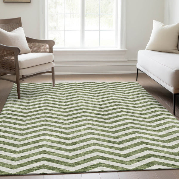 HomeRoots 10' X 14' Green And Ivory Chevron Washable Area Rug - Durable, UV-Protected, Perfect for Homes! 673297