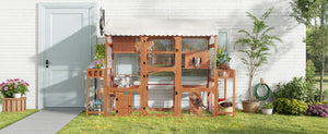 English Elm Large Pine Wood Catio Outdoor Cat Enclosure with Wire Mesh and Dual Plant Stands Brown N704G201617P