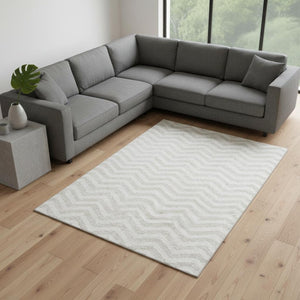 HomeRoots 8' X 10' Modern Ivory & Beige Chevron Area Rug - Washable, UV-Protected, Stain-Resistant Design 673301