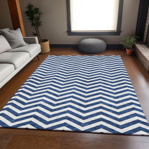 HomeRoots 5' X 8' Navy Blue And Ivory Chevron Rug - Stylish, Washable, Stain Resistant, UV Protected for Home Use 673305