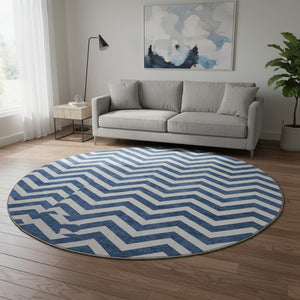 HomeRoots 8' Navy Blue & Ivory Chevron Round Rug - Stylish, Durable, UV-Protected, Washable for Home & Patio Decor 673306