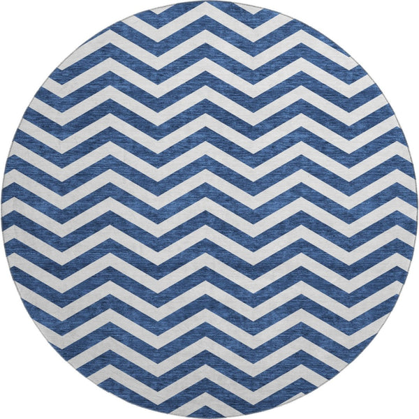 HomeRoots 8' Navy Blue & Ivory Chevron Round Rug - Stylish, Durable, UV-Protected, Washable for Home & Patio Decor 673306