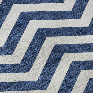 HomeRoots 8' Navy Blue & Ivory Chevron Round Rug - Stylish, Durable, UV-Protected, Washable for Home & Patio Decor 673306