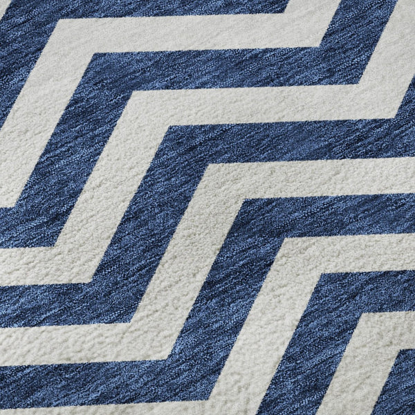 HomeRoots 8' Navy Blue & Ivory Chevron Round Rug - Stylish, Durable, UV-Protected, Washable for Home & Patio Decor 673306