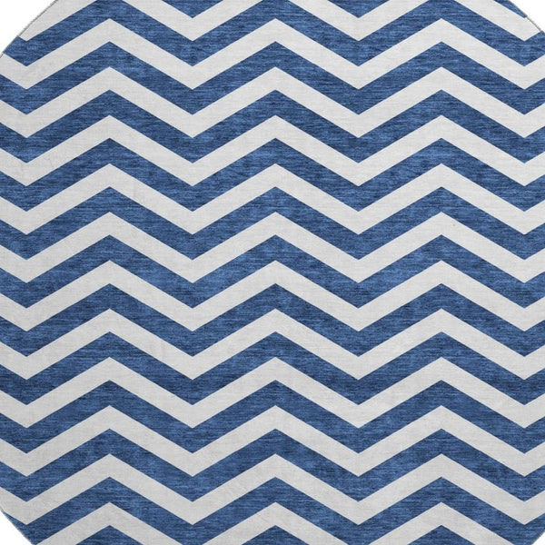HomeRoots 8' Navy Blue & Ivory Chevron Round Rug - Stylish, Durable, UV-Protected, Washable for Home & Patio Decor 673306