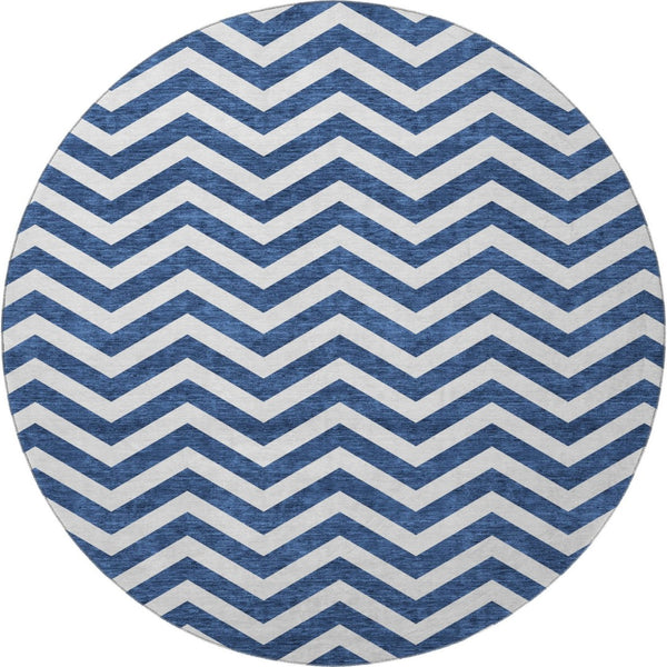 HomeRoots 8' Navy Blue & Ivory Chevron Round Rug - Stylish, Durable, UV-Protected, Washable for Home & Patio Decor 673306