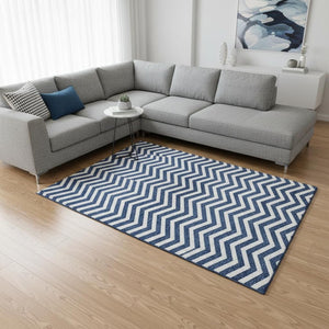 HomeRoots 8' X 10' Navy Blue & Ivory Chevron Area Rug - Durable, Stain Resistant & UV Protected for Any Space 673307