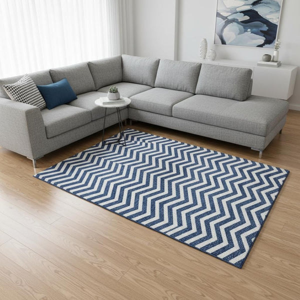HomeRoots 8' X 10' Navy Blue & Ivory Chevron Area Rug - Durable, Stain Resistant & UV Protected for Any Space 673307