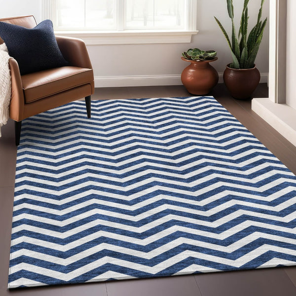 HomeRoots 8' X 10' Navy Blue & Ivory Chevron Area Rug - Durable, Stain Resistant & UV Protected for Any Space 673307