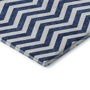 HomeRoots 8' X 10' Navy Blue & Ivory Chevron Area Rug - Durable, Stain Resistant & UV Protected for Any Space 673307