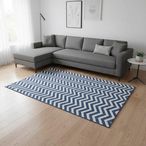 HomeRoots 9' Navy Blue and Ivory Chevron Area Rug – Washable, UV-Protected, Durable for High-Traffic Spaces 673308