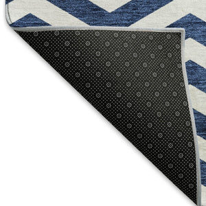 HomeRoots 9' Navy Blue and Ivory Chevron Area Rug – Washable, UV-Protected, Durable for High-Traffic Spaces 673308