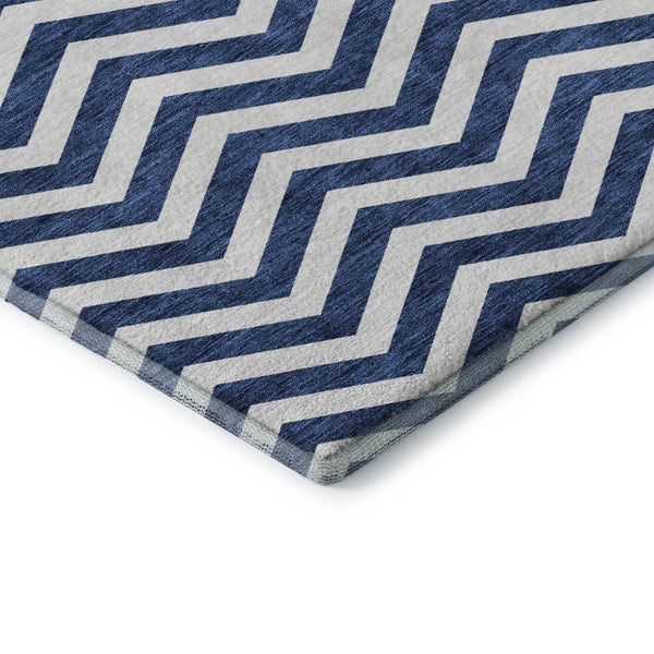 HomeRoots 9' Navy Blue and Ivory Chevron Area Rug – Washable, UV-Protected, Durable for High-Traffic Spaces 673308