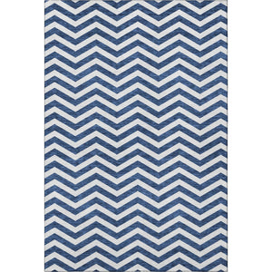 HomeRoots 9' Navy Blue and Ivory Chevron Area Rug – Washable, UV-Protected, Durable for High-Traffic Spaces 673308