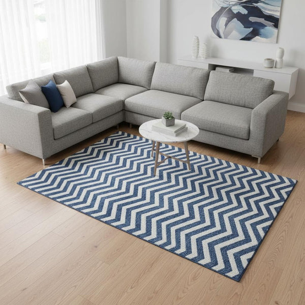 HomeRoots 10' Navy Blue & Ivory Chevron Area Rug - Washable, UV Protected, Stain-Resistant, Family-Friendly Design 673309