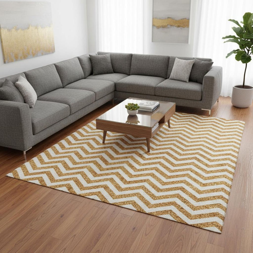 HomeRoots 8' X 10' Washable Orange & Ivory Chevron Area Rug with UV Protection for Stylish, Durable Living Spaces 673313
