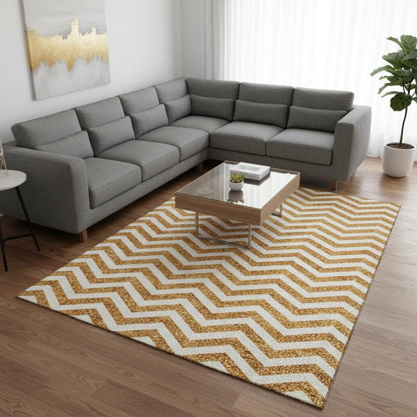 HomeRoots 9' X 12' Orange & Ivory Chevron Washable Area Rug - Stylish, Durable, UV Protected for Busy Homes 673314