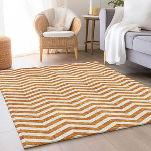 HomeRoots 9' X 12' Orange & Ivory Chevron Washable Area Rug - Stylish, Durable, UV Protected for Busy Homes 673314
