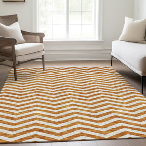 HomeRoots 9' X 12' Orange & Ivory Chevron Washable Area Rug - Stylish, Durable, UV Protected for Busy Homes 673314