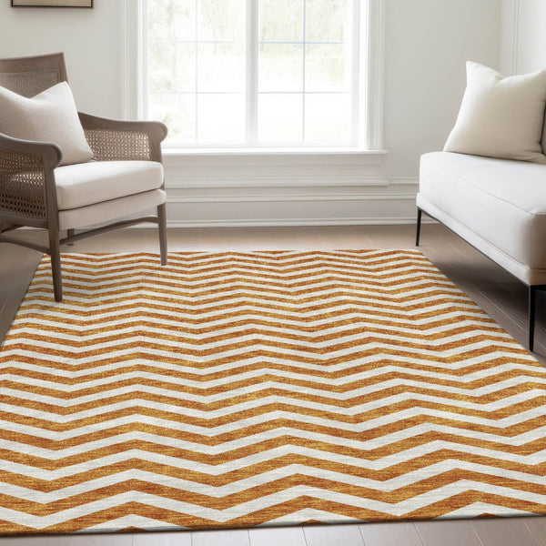 HomeRoots 9' X 12' Orange & Ivory Chevron Washable Area Rug - Stylish, Durable, UV Protected for Busy Homes 673314