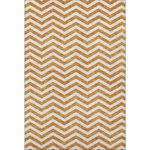 HomeRoots 9' X 12' Orange & Ivory Chevron Washable Area Rug - Stylish, Durable, UV Protected for Busy Homes 673314