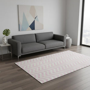 HomeRoots 5' Pink and Ivory Chevron Area Rug - Durable, Washable, UV Protected for Modern Living Spaces! 673317
