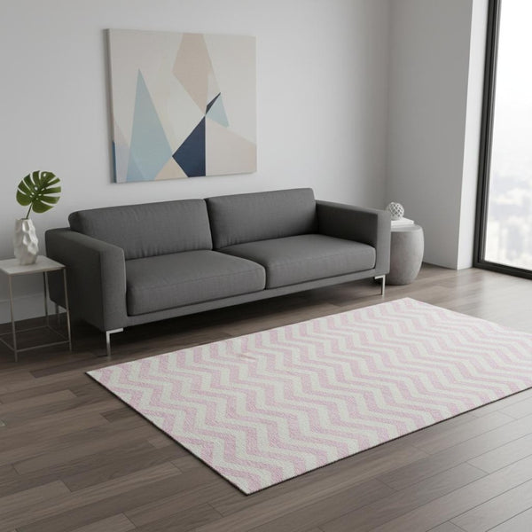 HomeRoots 5' Pink and Ivory Chevron Area Rug - Durable, Washable, UV Protected for Modern Living Spaces! 673317