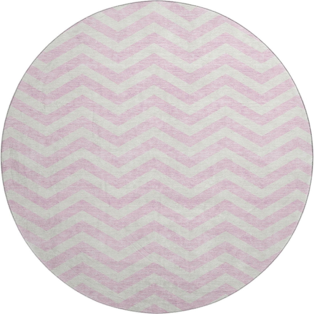 HomeRoots 8' Pink and Ivory Chevron Round Rug - Washable, UV-Protected, Stylish & Durable for Any Room 673318