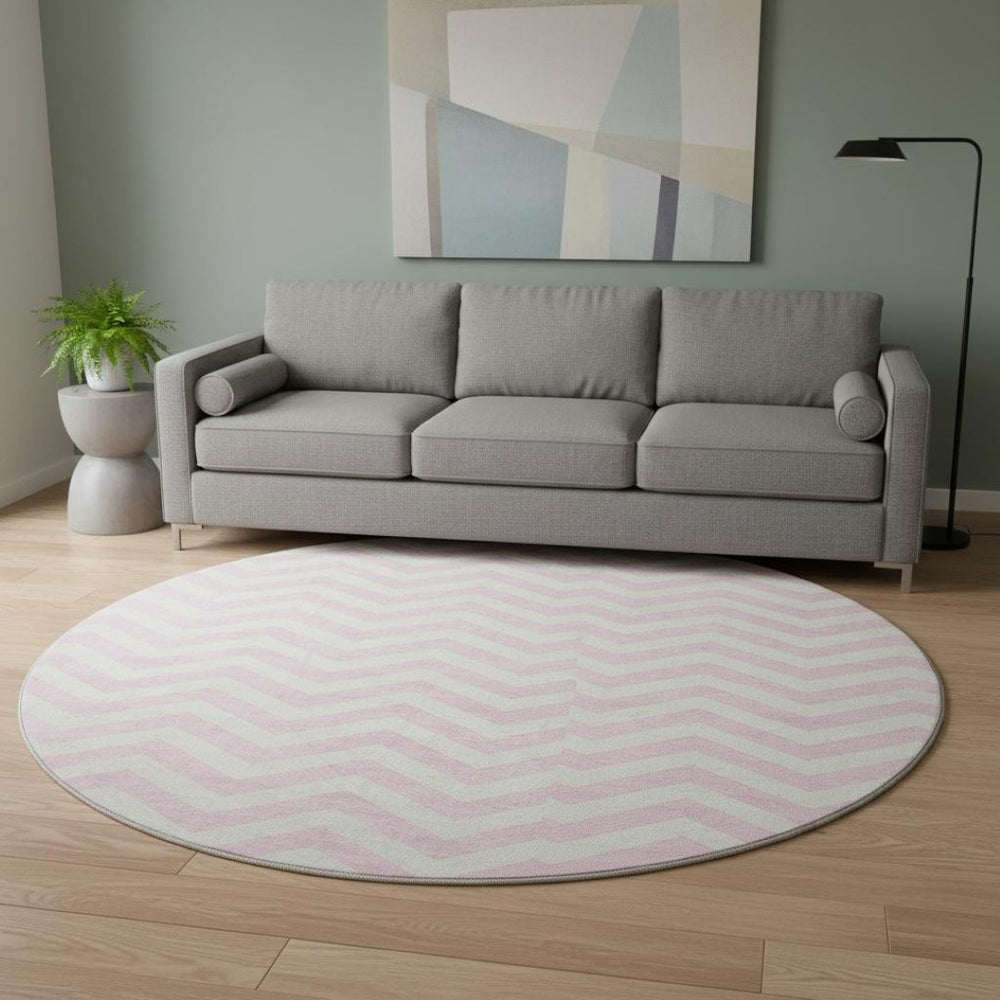 HomeRoots 8' Pink and Ivory Chevron Round Rug - Washable, UV-Protected, Stylish & Durable for Any Room 673318