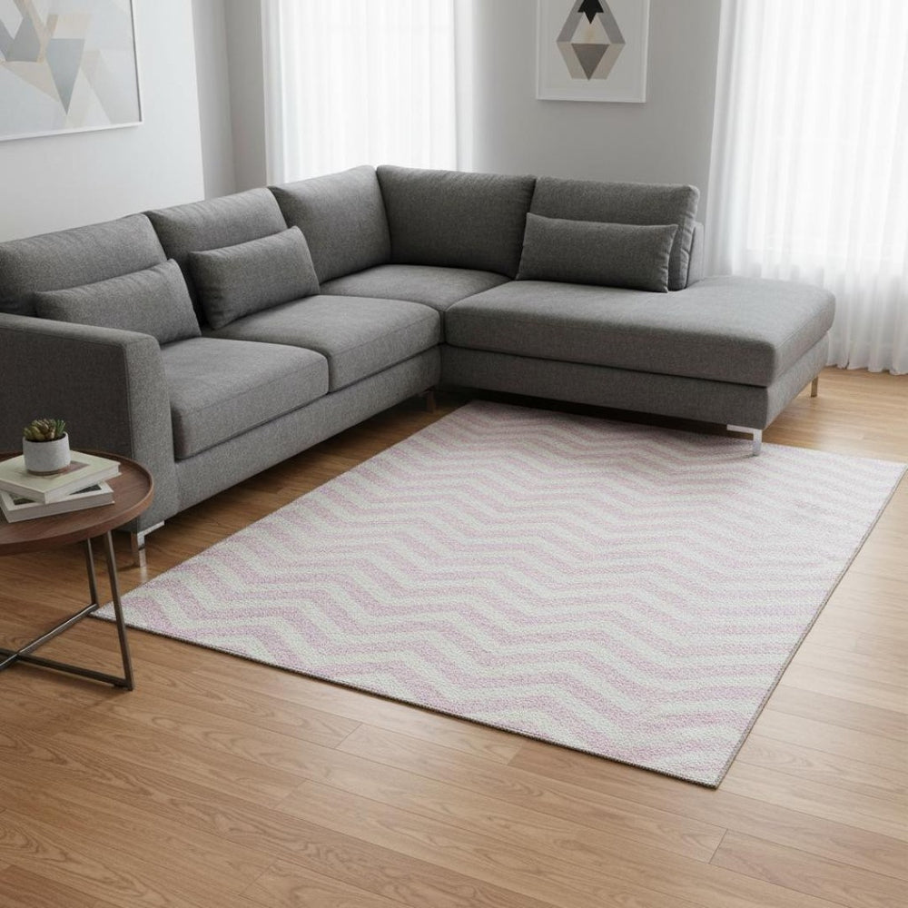 HomeRoots 8' X 10' Stylish Pink and Ivory Chevron Washable Area Rug with UV Protection for Modern Homes 673319