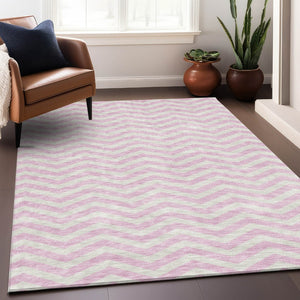 HomeRoots 9' X 12' Pink And Ivory Chevron Area Rug - Washable, UV Protected, Modern Style for Any Room 673320
