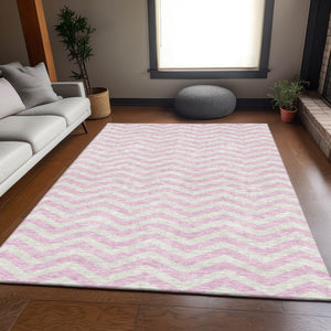 HomeRoots 9' X 12' Pink And Ivory Chevron Area Rug - Washable, UV Protected, Modern Style for Any Room 673320