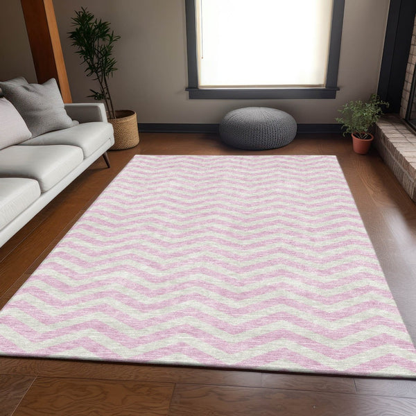 HomeRoots 9' X 12' Pink And Ivory Chevron Area Rug - Washable, UV Protected, Modern Style for Any Room 673320