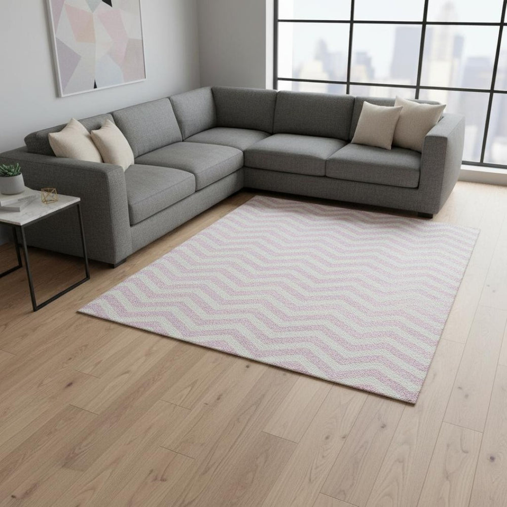 HomeRoots 10' X 14' Pink and Ivory Chevron Area Rug - Washable, UV-Protected, Stylish & Durable for Homes 673321