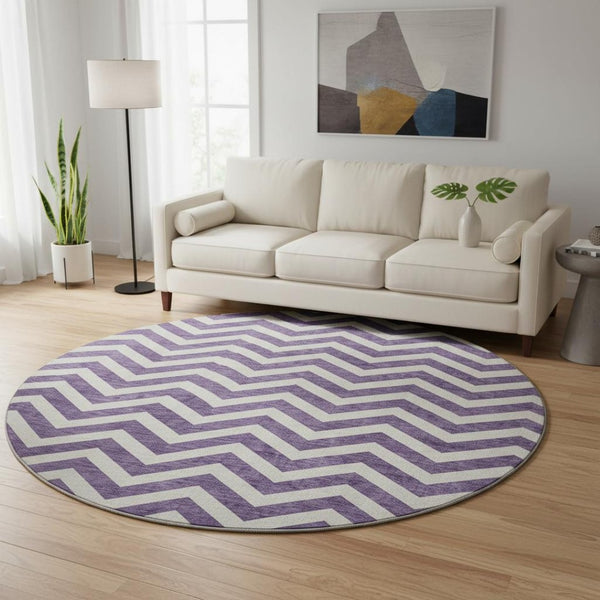 HomeRoots 8' Purple And Ivory Chevron Round Rug - Washable, UV Protected, Stain Resistant for High-Traffic Areas 673324