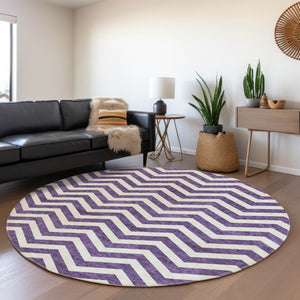 HomeRoots 8' Purple And Ivory Chevron Round Rug - Washable, UV Protected, Stain Resistant for High-Traffic Areas 673324