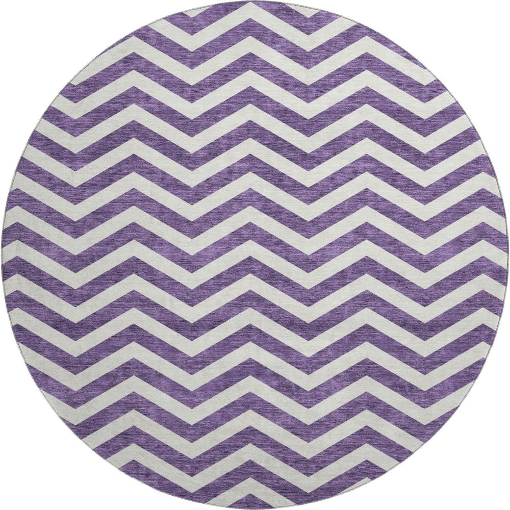 HomeRoots 8' Purple And Ivory Chevron Round Rug - Washable, UV Protected, Stain Resistant for High-Traffic Areas 673324