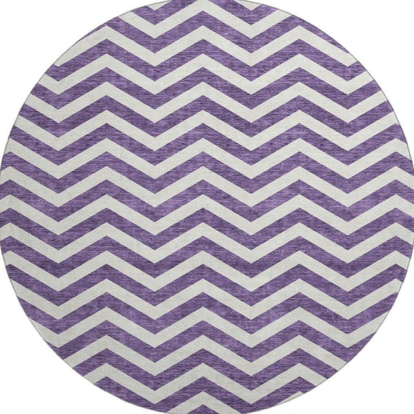 HomeRoots 8' Purple And Ivory Chevron Round Rug - Washable, UV Protected, Stain Resistant for High-Traffic Areas 673324