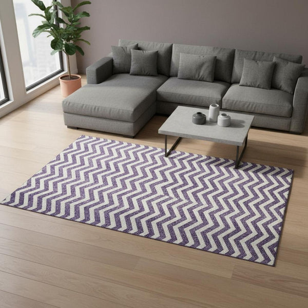 HomeRoots 10' Purple and Ivory Chevron Washable Area Rug - Stylish, Durable, UV Protected for High-Traffic Homes 673327
