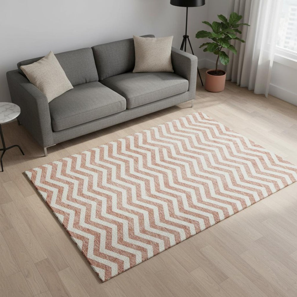 HomeRoots 5' X 8' Salmon and Ivory Chevron Area Rug – Stylish, Washable, UV-Protected for Family-Friendly Spaces! 673329