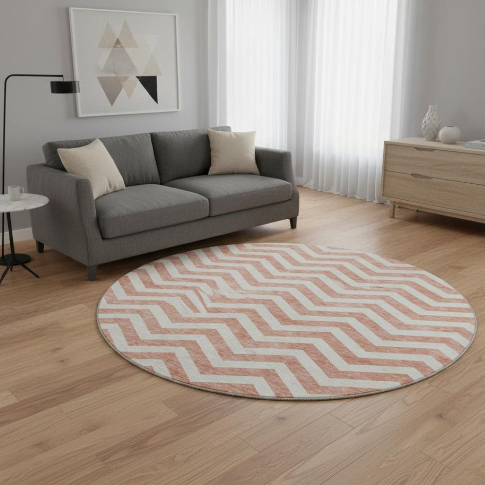 HomeRoots 8' Salmon and Ivory Chevron Washable Round Rug - Stylish, Durable, UV-Protected for Any Space 673330