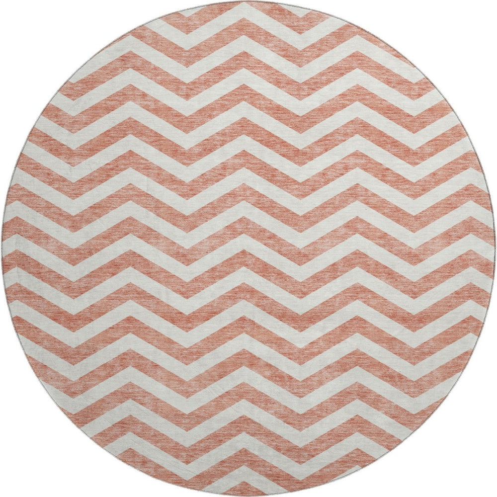 HomeRoots 8' Salmon and Ivory Chevron Washable Round Rug - Stylish, Durable, UV-Protected for Any Space 673330
