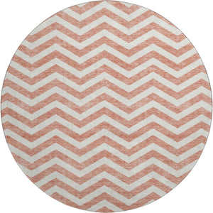 HomeRoots 8' Salmon and Ivory Chevron Washable Round Rug - Stylish, Durable, UV-Protected for Any Space 673330