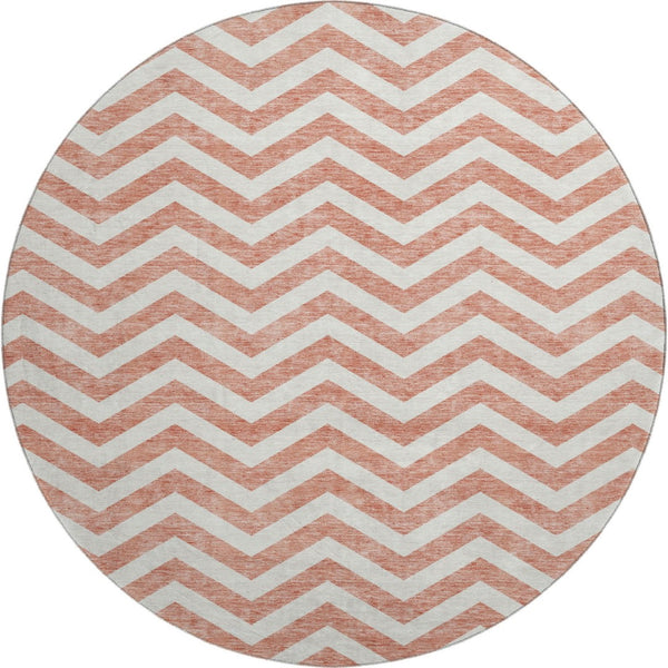 HomeRoots 8' Salmon and Ivory Chevron Washable Round Rug - Stylish, Durable, UV-Protected for Any Space 673330