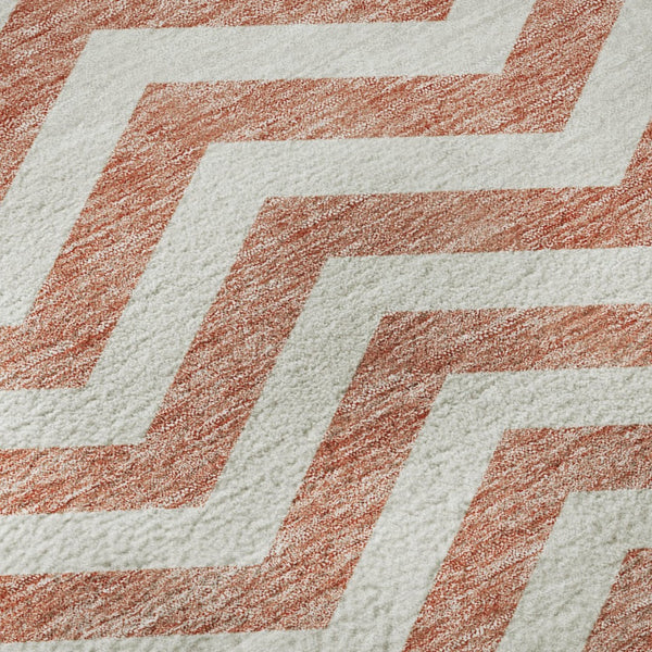 HomeRoots 8' Salmon and Ivory Chevron Washable Round Rug - Stylish, Durable, UV-Protected for Any Space 673330