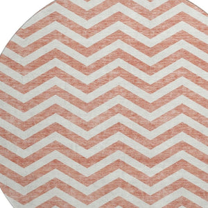 HomeRoots 8' Salmon and Ivory Chevron Washable Round Rug - Stylish, Durable, UV-Protected for Any Space 673330