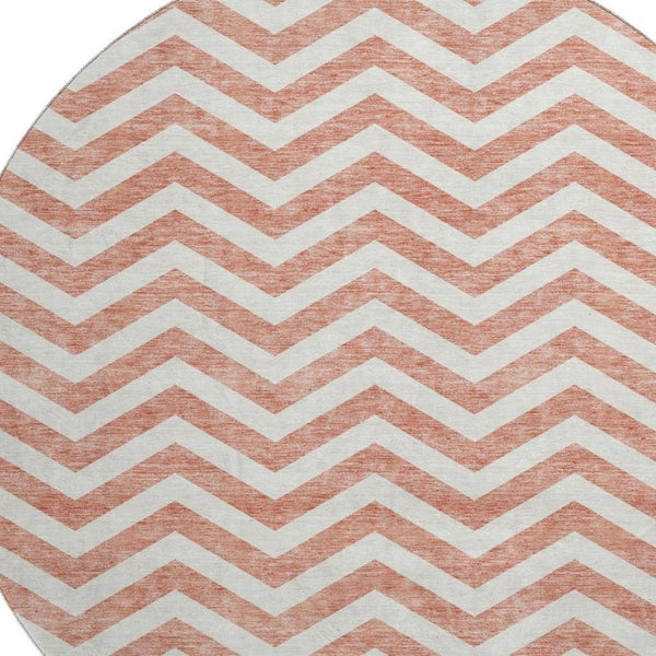 HomeRoots 8' Salmon and Ivory Chevron Washable Round Rug - Stylish, Durable, UV-Protected for Any Space 673330