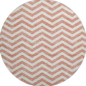 HomeRoots 8' Salmon and Ivory Chevron Washable Round Rug - Stylish, Durable, UV-Protected for Any Space 673330